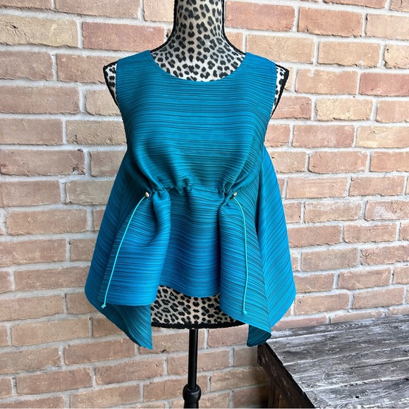 Pleated Drawstring Top Teal Green  Modern Avante Garde Pleats - Please Read Desc - Picture 1 of 8